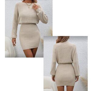 252. Solid Drop Shoulder Ribbed Knit Sweater Dress | Cozy Stretchy Long Sleeve